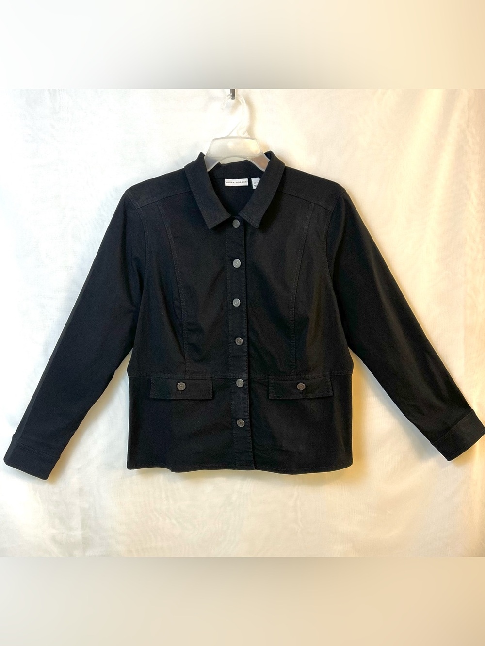 New Susan Graver Uptown Stretch Black Button Front Peplum Jacket / XL